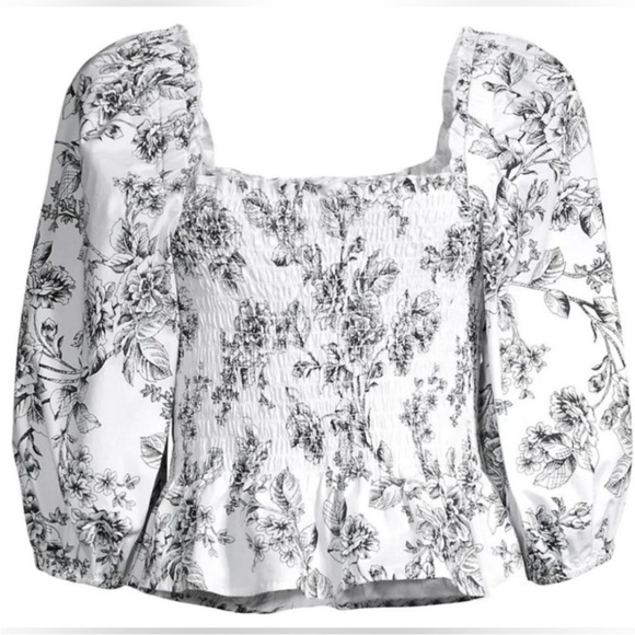 RACHEL PARCELL black and white romantic floral smocked puff sleeve top size 0 - Picture 1 of 5